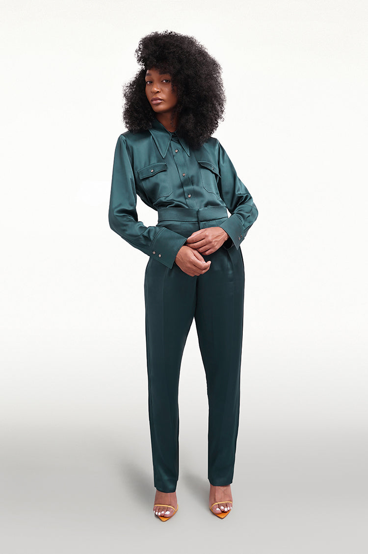 EMER GREEN SATIN SLIM LUXE TROUSERS