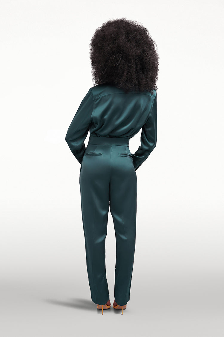 EMER GREEN SATIN SLIM LUXE TROUSERS