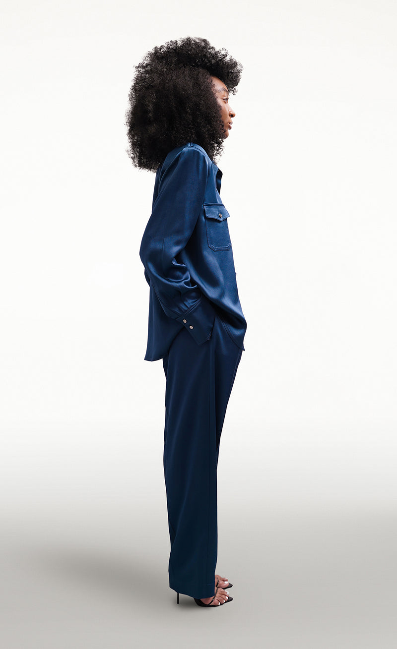 YORAL BLUE SATIN SLIM LUXE TROUSERS