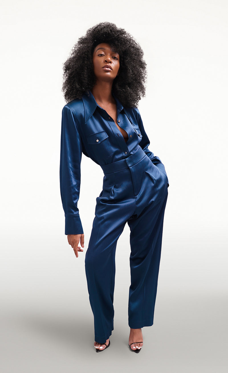 YORAL BLUE SATIN SLIM LUXE TROUSERS
