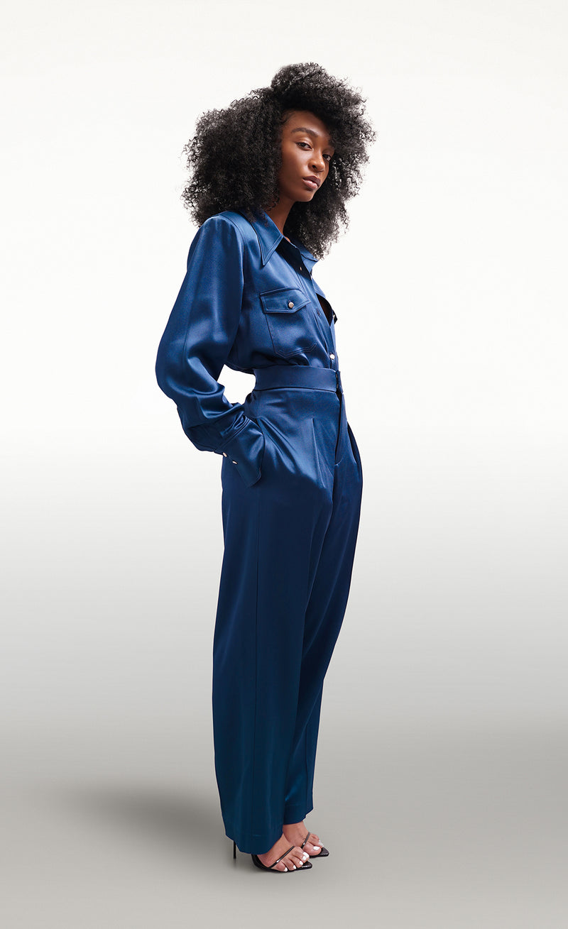 YORAL BLUE SATIN SLIM LUXE TROUSERS