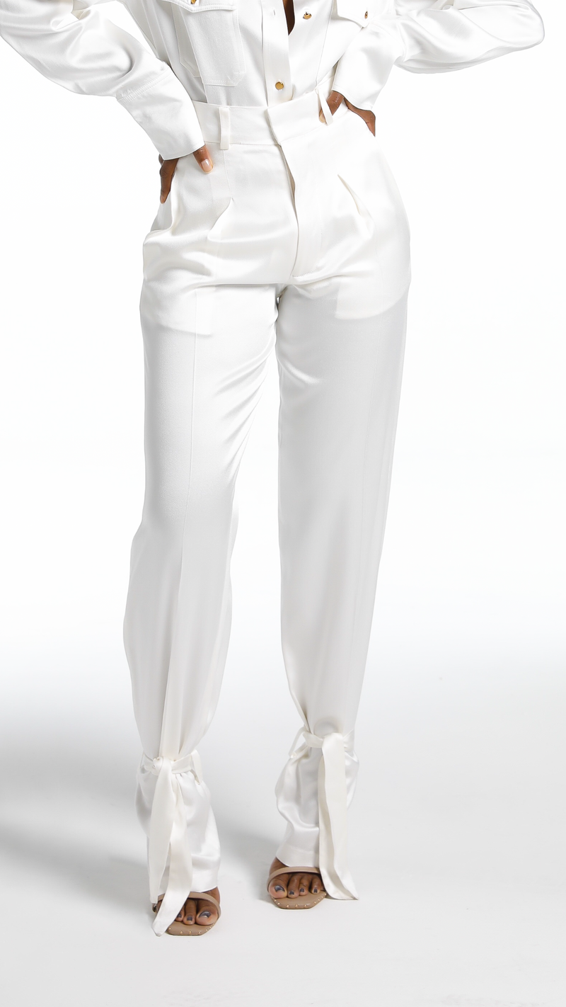 AGYE MILK SATIN LUXE SLIM LEG TROUSERS