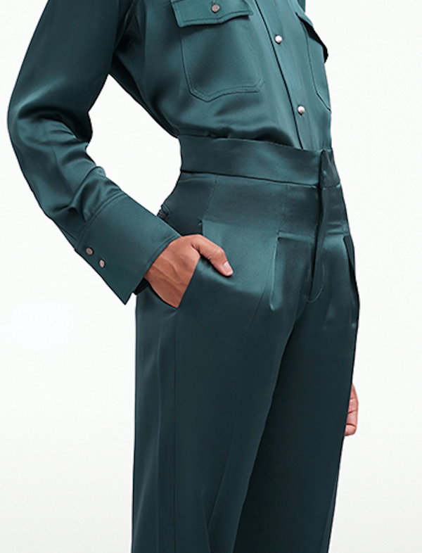 EMER GREEN SATIN SLIM LUXE TROUSERS