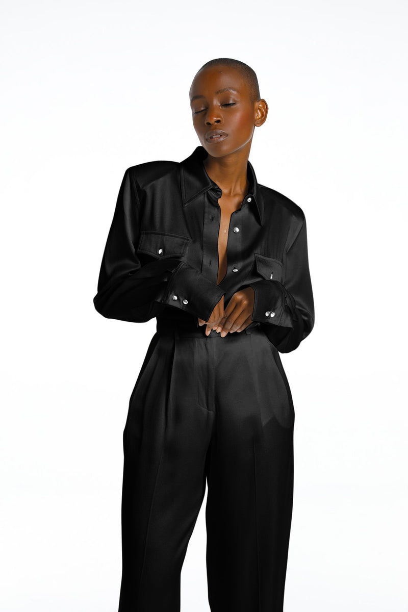 NOIR SATIN LUXE WIDE LEG TROUSERS
