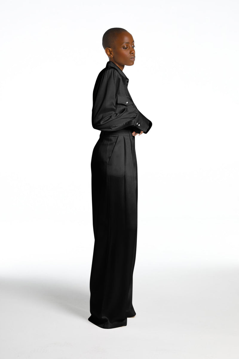 NOIR SATIN LUXE WIDE LEG TROUSERS